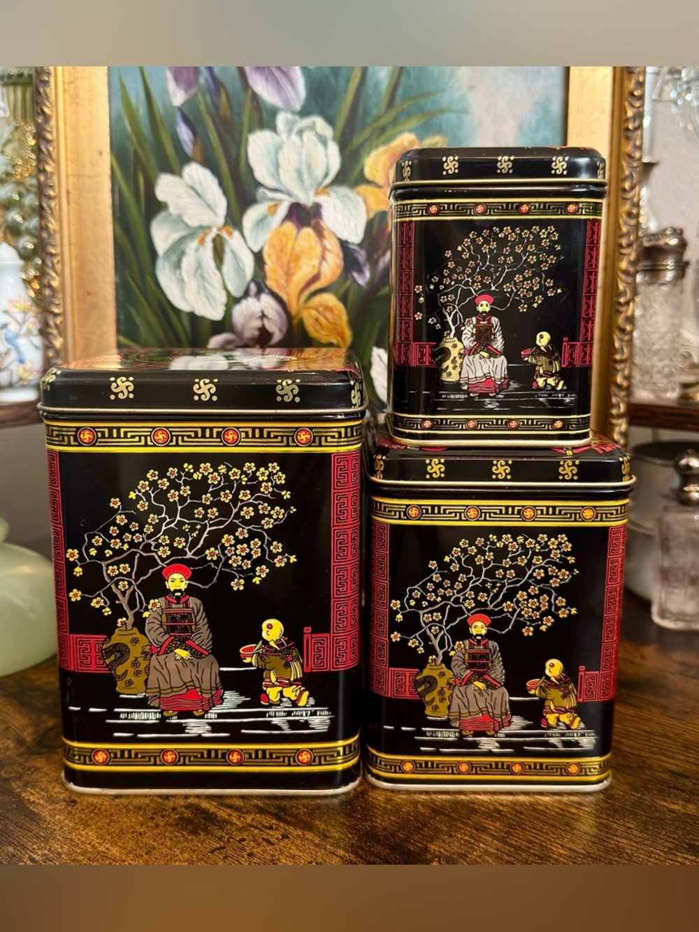 Vintage Nesting Chinoiserie Tea Canisters (3pc)